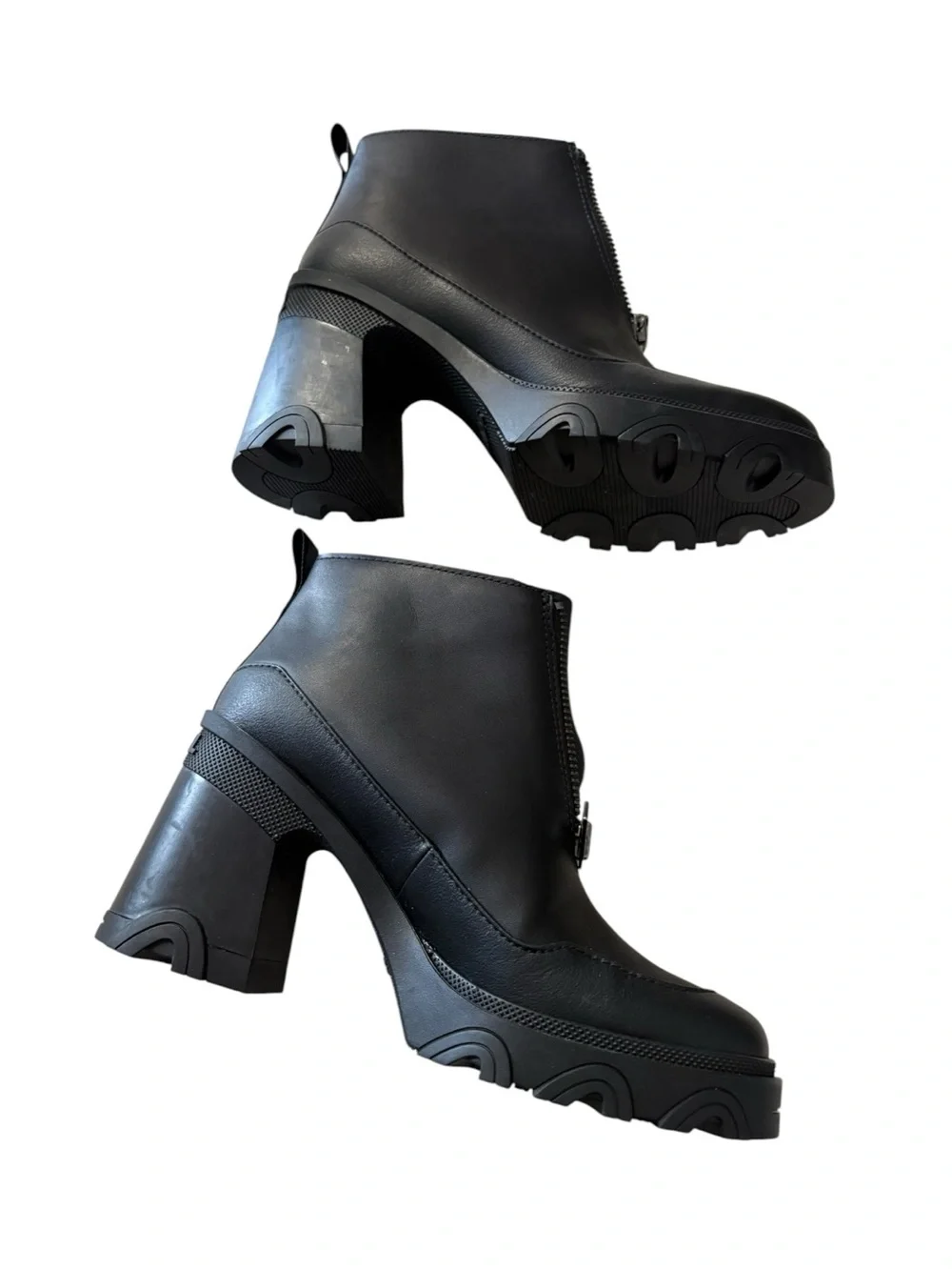 Sorel size 7.5 brex booties heeled Black Front-Zip Chunky Lug Heel Ankle Boots